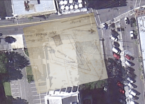 A 1789 plat of Craven's Bastion superimposed on a recent satellite image of the U.S. Custom House on East Bay Street, showing the approximate size and location of the bastion.