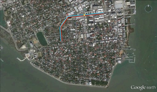 A map of Charleston's new northern wall of 1745, and the town's second gate (in yellow) at the modern intersection of Market and King Streets.
