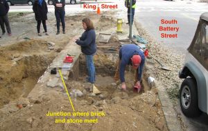 A view of the north side of the wall adjacent to the brick-stone interface.