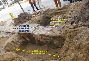 A view of the south side of the wall at the brick-stone interface.