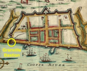 Granville Bastion highlighted on the "Crisp Map" of 1711